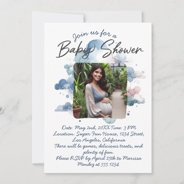 Blue watercolor custom photo baby shower script invitation (Front)