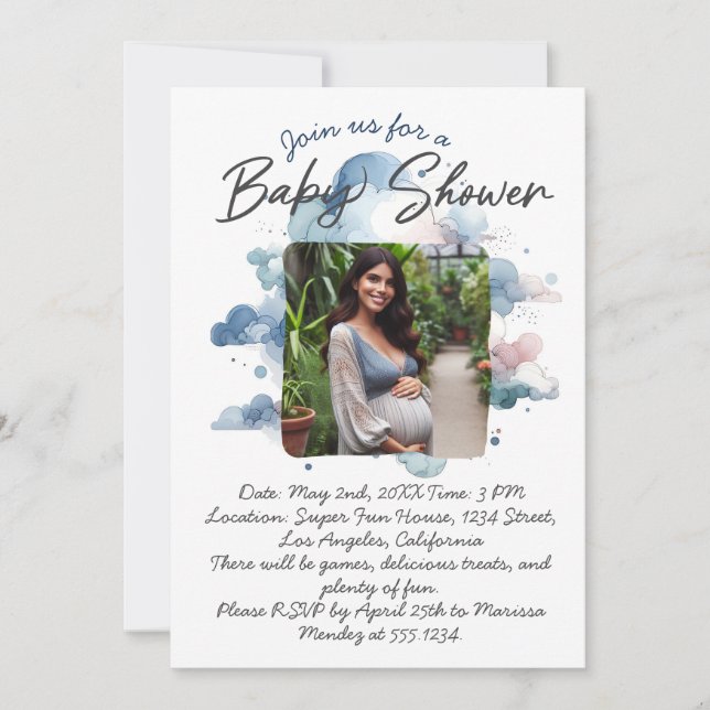 Blue watercolor custom photo baby shower script invitation (Front)