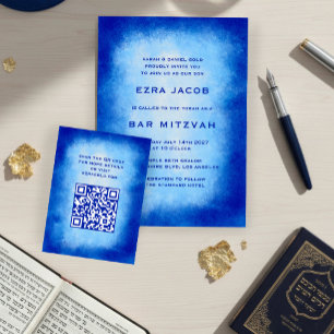 Blue Watercolor Custom QR Code Bar Bat Mitzvah Enclosure Card