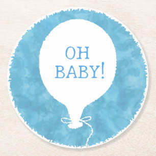 Blue Watercolor Custom Text Baby Shower Oh Baby Round Paper Coaster