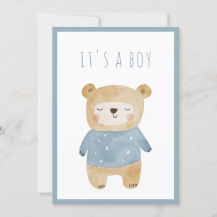 Blue Watercolor cute bear Baby Shower Invitation