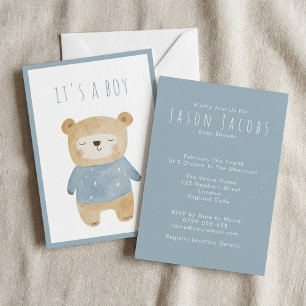 Blue Watercolor cute bear Baby Shower Invitation