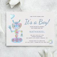 Blue watercolor cute robot it's a boy baby shower