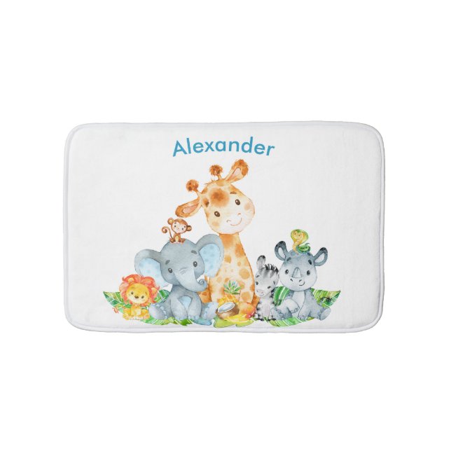 Blue Watercolor Cute Safari Jungle Animals Bath Mat (Front)