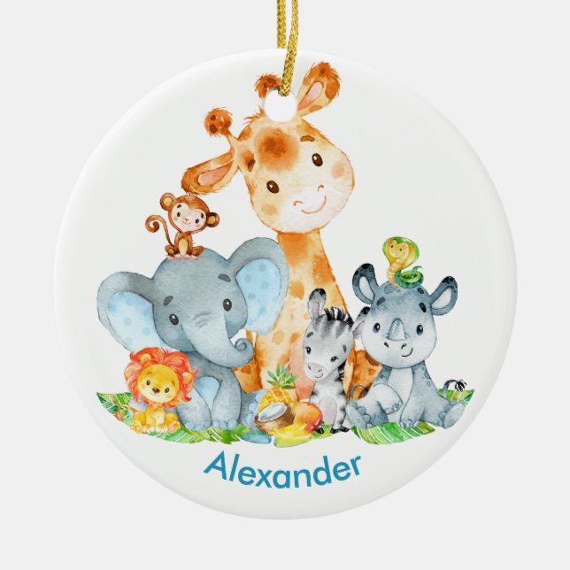 Blue Watercolor Cute Safari Jungle Animals Ceramic Ornament (Front)