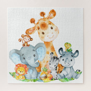 Blue Watercolor Cute Safari Jungle Animals Jigsaw Puzzle