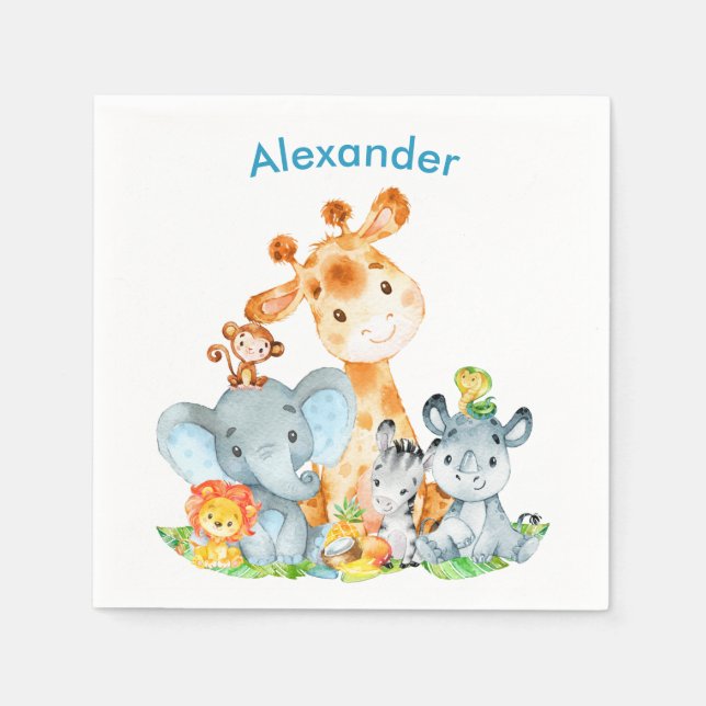 Blue Watercolor Cute Safari Jungle Animals Napkin (Front)