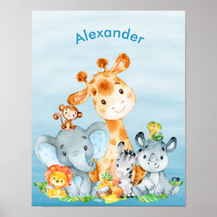 Blue Watercolor Cute Safari Jungle Animals Poster