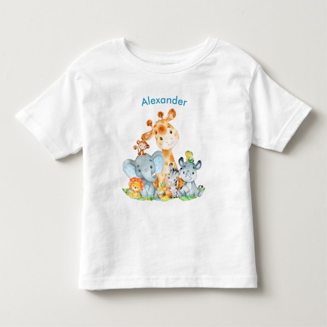 Blue Watercolor Cute Safari Jungle Animals Toddler T-Shirt (Front)