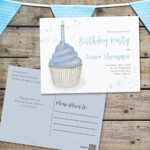 Blue Watercolor Cute Whimsical Cupcake Birthday Postcard