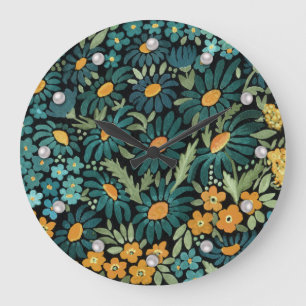 Blue watercolor daisies large clock