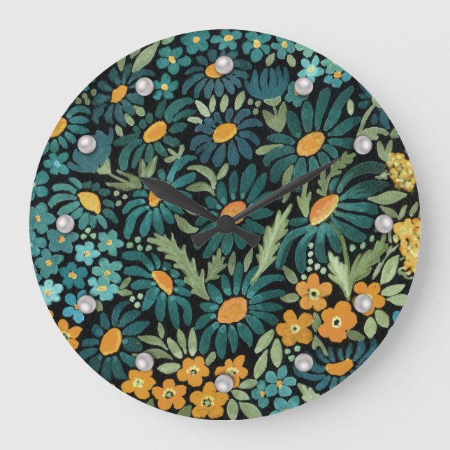 Blue watercolor daisies large clock (Front)