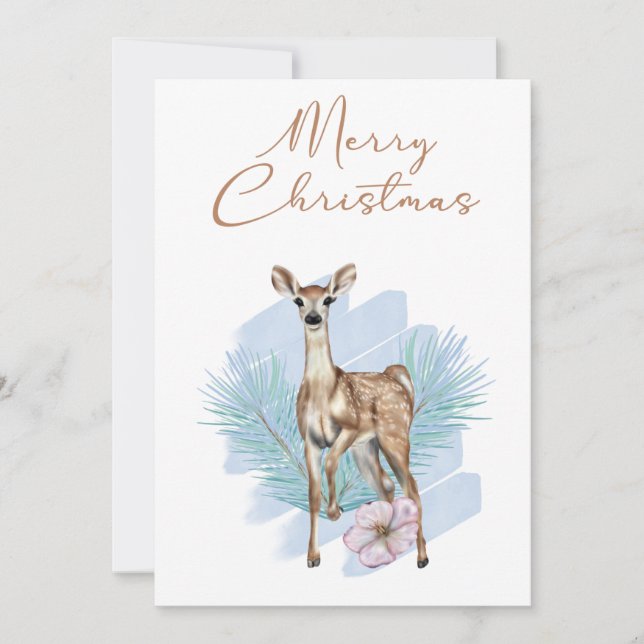 Blue Watercolor Deer Pine Leaves Christmas Card (Front)
