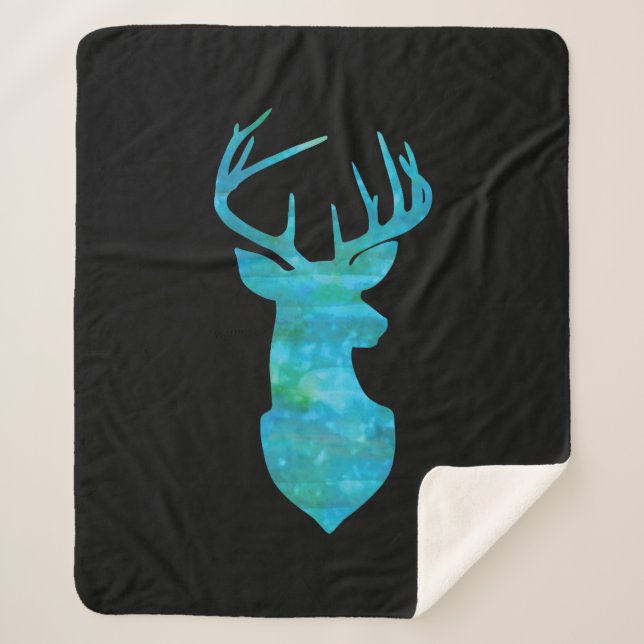 Blue Watercolor Deer Silhouette Sherpa Blanket (Front)