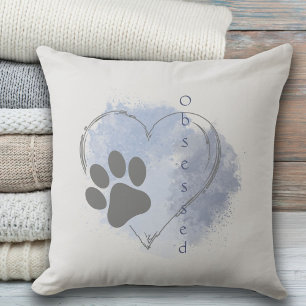 Blue Watercolor Dog Obsessed Heart Throw Pillow