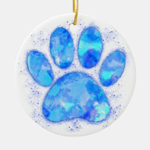 Blue Watercolor Dog Paw Print Ceramic Ornament