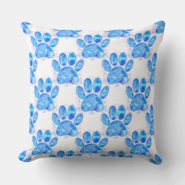 Blue Watercolor Dog Paw Print Cushion (Front)