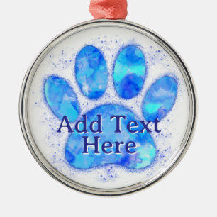 Blue Watercolor Dog Paw Print Custom  Metal Ornament