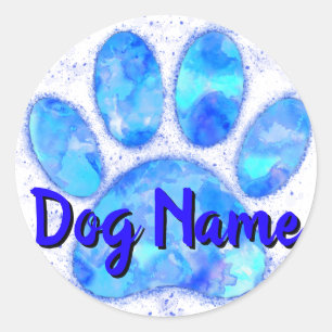 Blue Watercolor Dog Paw Print With Custom Name Classic Round Sticker