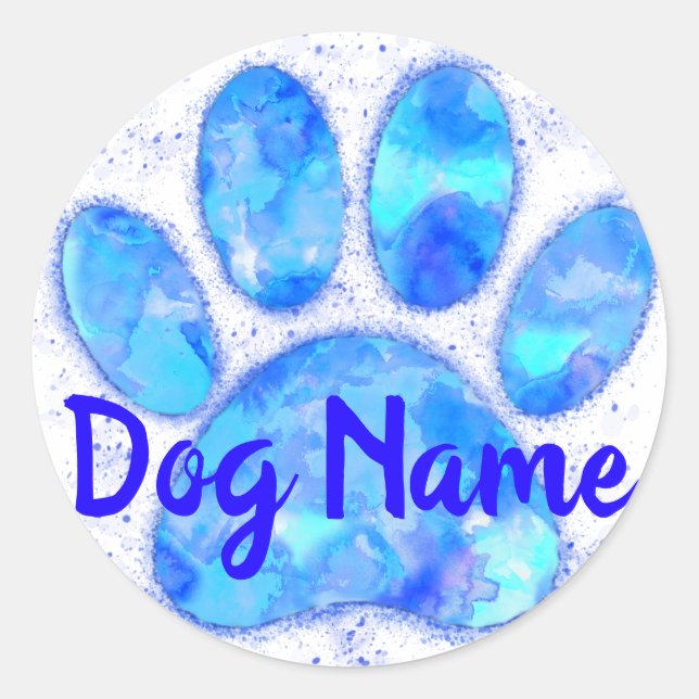 Blue Watercolor Dog Paw Print With Custom Name Classic Round Sticker (Front)