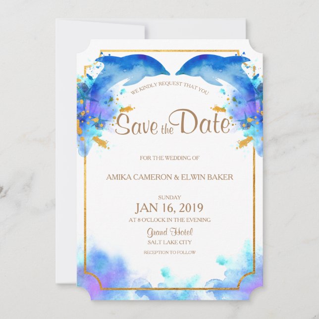 Blue Watercolor Dolphin Save the Date Card (Front)