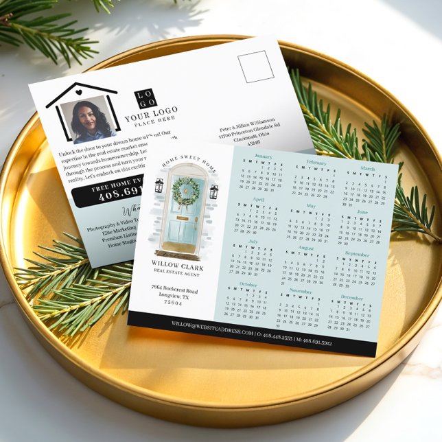 Blue Watercolor Door Real Estate Calendar 2025 Postcard (Blue Watercolor Door Real Estate Calendar 2025 Postcard)