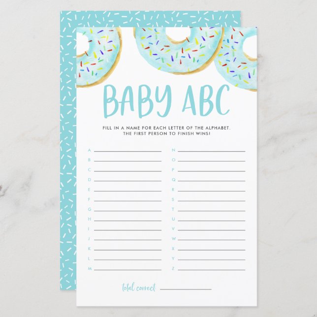 Blue Watercolor Doughnuts Baby ABC Baby Shower Gam (Front/Back)