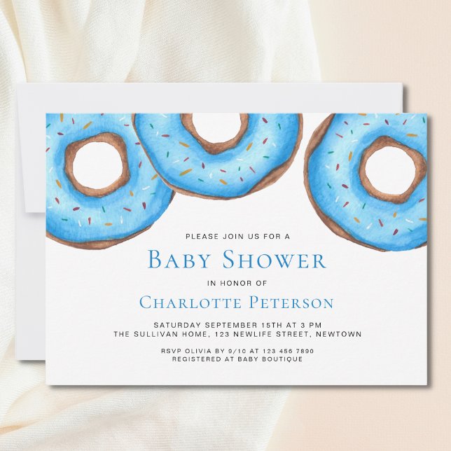 Blue Watercolor Doughnuts Sprinkles Boy's Baby Sho Invitation (Creator Uploaded)