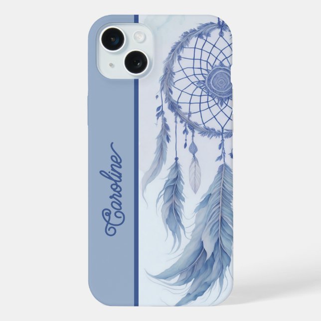 Blue watercolor dreamcatcher feathers name iPhone case (Back)