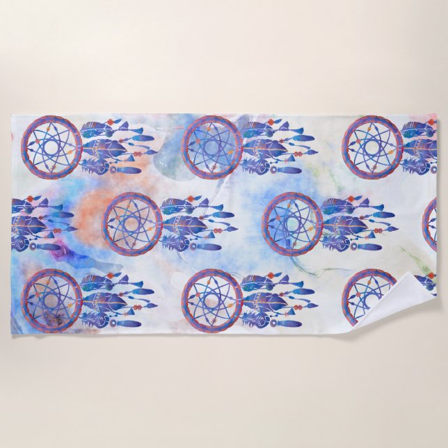 Blue Watercolor Dreamcatcher Modern Boho Beach Towel (Front)