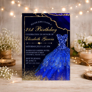 Blue Watercolor Dress & agate 21st Birthday Invitation