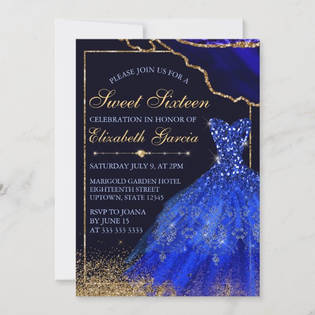 Blue Watercolor Dress & agate Sweet 16 Invitation (Front)