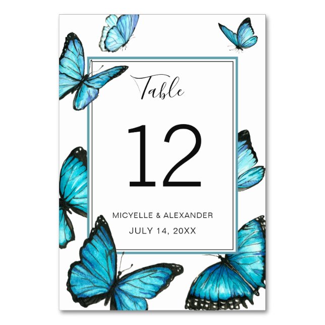 Blue watercolor elegant butterflies Wedding Table Number (Front)