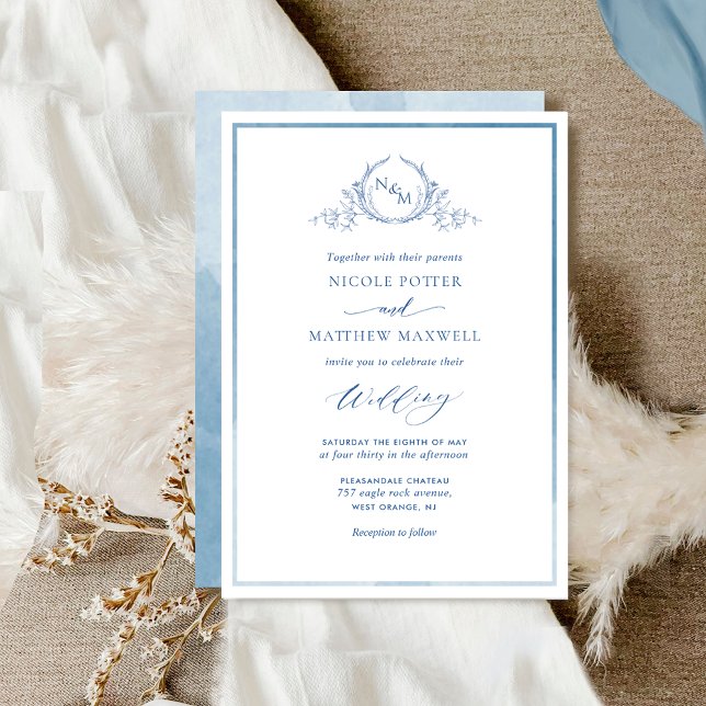 Blue Watercolor Elegant Monogram Wedding Invitatio Invitation (Creator Uploaded)