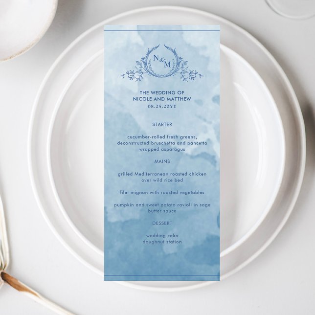 Blue Watercolor Elegant Monogram Wedding Menu (Creator Uploaded)