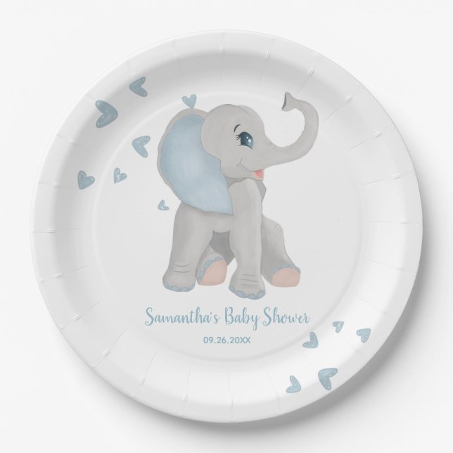 Blue Watercolor Elephant Boy Baby Shower Paper Plate (Front)