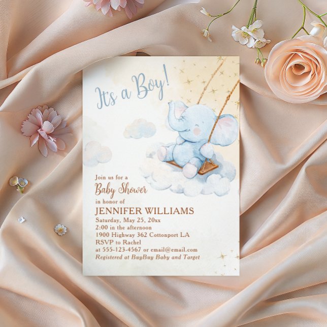 Blue Watercolor Elephant Swing Boy Baby Shower Invitation (Creator Uploaded)