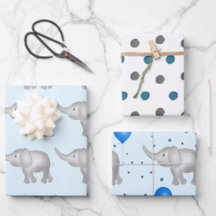Blue Watercolor Elephants & Dots Pattern Set of 3 Wrapping Paper Sheet