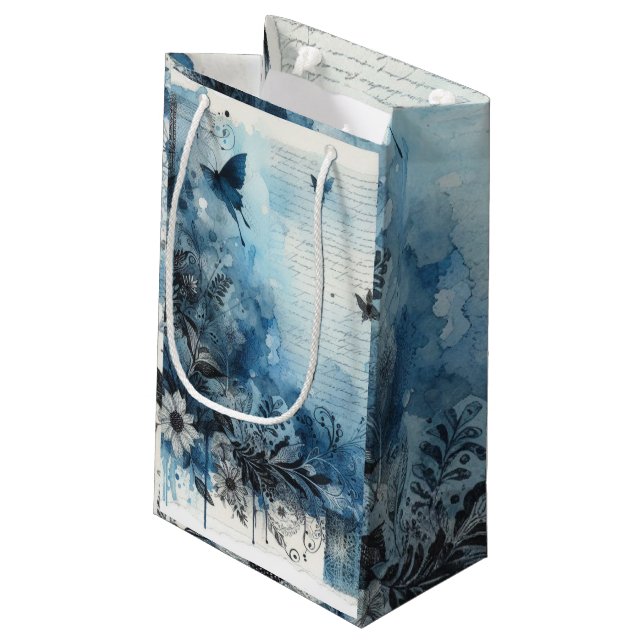 Blue Watercolor Ephemera Small Gift Bag (Back Angled)