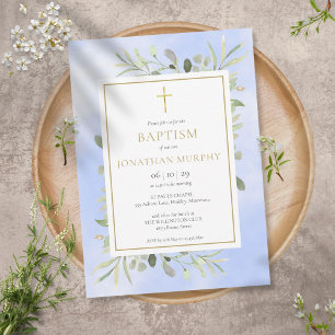 Blue Watercolor Eucalyptus Greenery Baptism Invitation