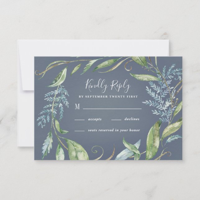 Blue Watercolor Eucalyptus Greenery Wreath Wedding RSVP Card (Front)