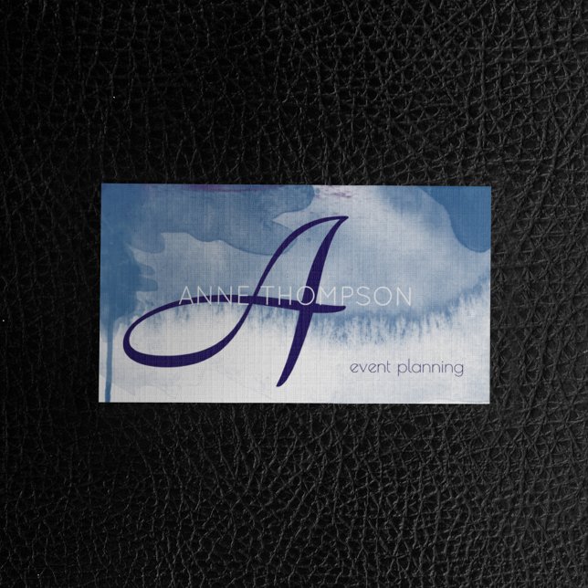Blue Watercolor Events Custom Profession Business Card (elegantly monogrammed blue)