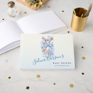 Blue Watercolor Fawn Baby Shower 3 Ring Binder Guest Book