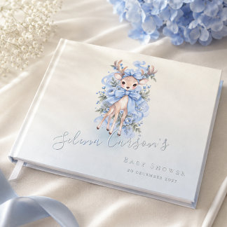 Blue Watercolor Fawn Baby Shower 3 Ring Binder Guest Book