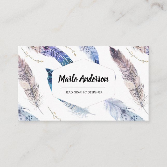 Blue Watercolor Feathers Modern Boho Business Card (Front)