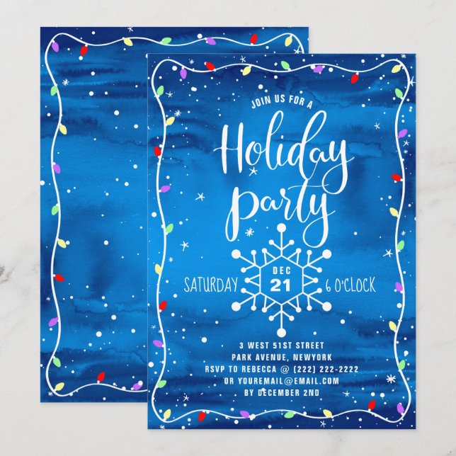 Blue Watercolor Festive Holiday Party Christmas Invitation (Front/Back)