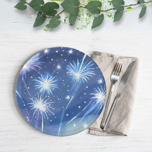 Blue Watercolor Fireworks   New Year’s Eve Party Paper Plate