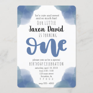 Blue Watercolor First Birthday Invitation