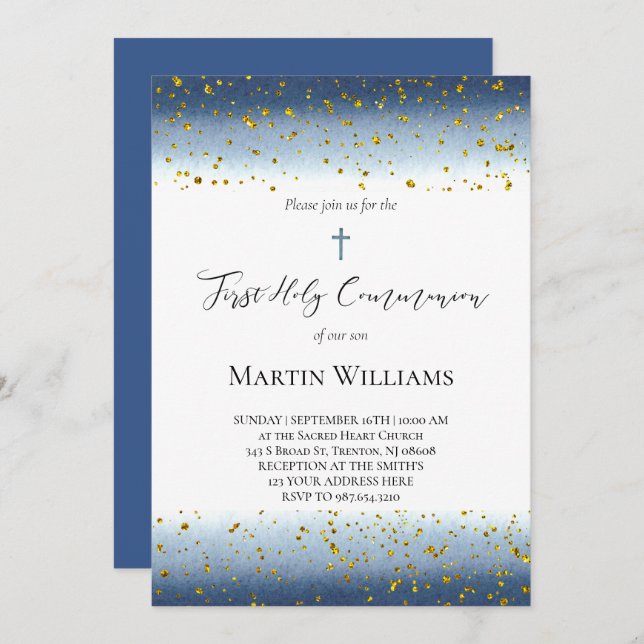  blue watercolor First Communion  Invitation (Front/Back)