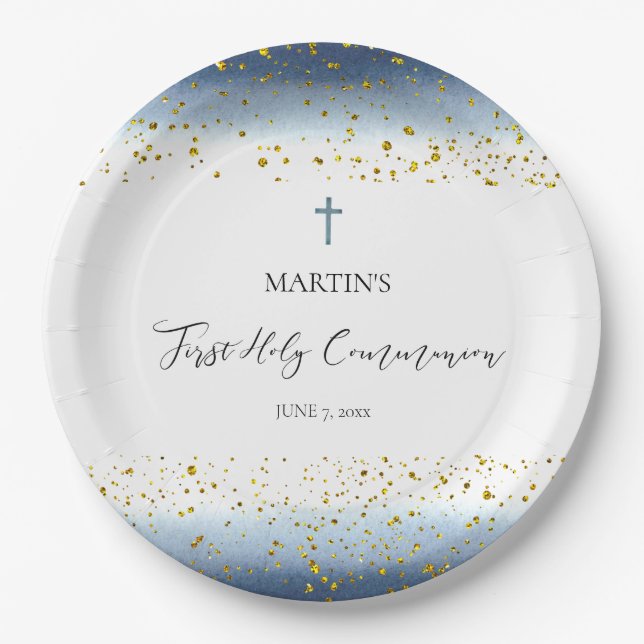 blue watercolor  First Communion Paper Plate (Front)